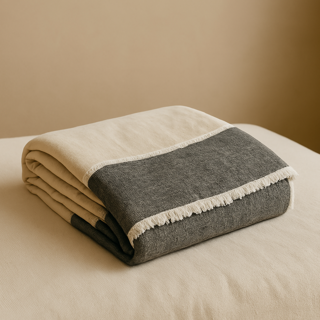 Layered decorative throws in linen, wool, and cotton draped over a neutral-toned sofa and styled with textured pillows.