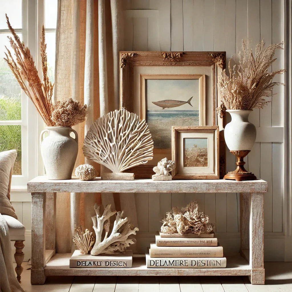 Decorative coastal-inspired objects styled on open shelves with natural textures in ceramic, wood, and woven materials.
