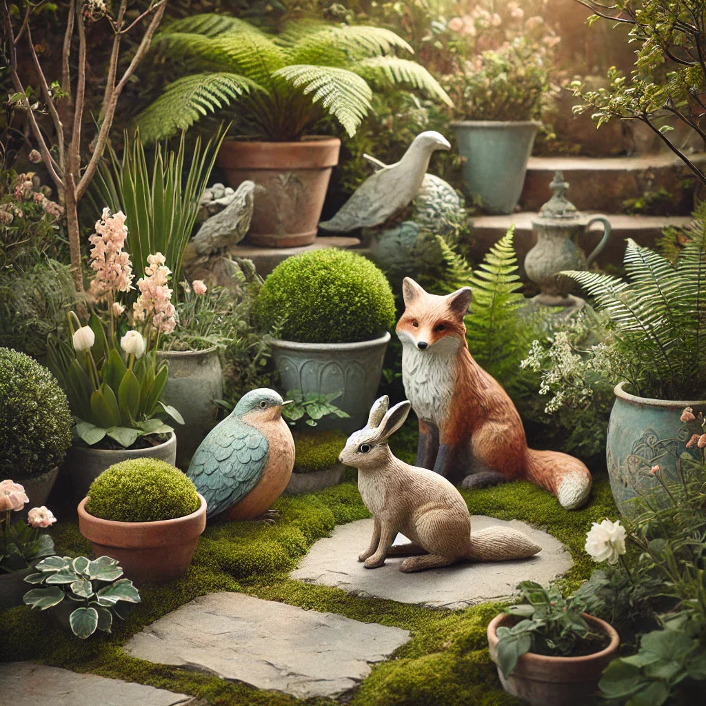 Whimsical garden scene with decorative animal sculptures—a fox, bird, and rabbit—styled in greenery with stone paths and spring flowers.