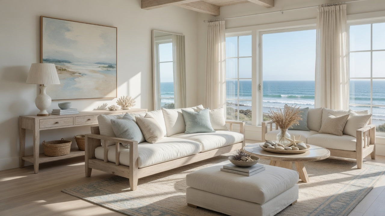 Coastal living room with soft neutral tones, light wood furniture, linen textures, and ocean view creating a bright, airy, and refined interior