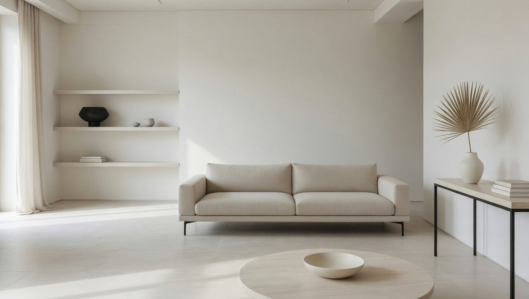 Minimalist living room with clean lines, neutral tones, and simple modern furniture creating a calm, open, and refined interior space
