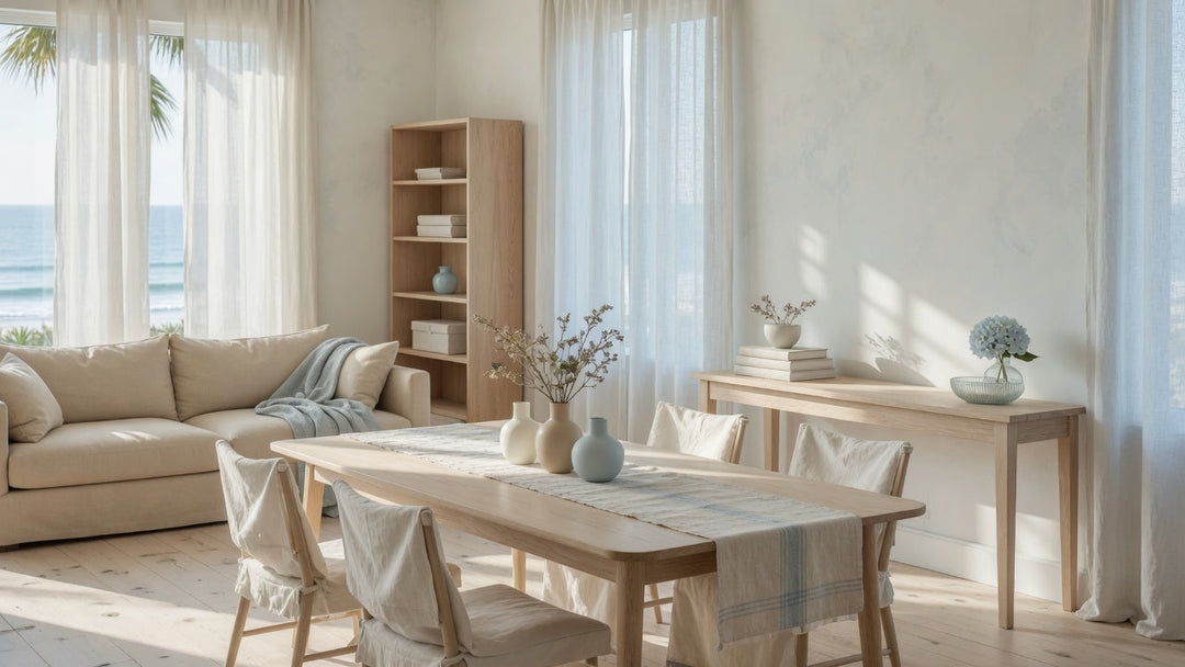 Modern organic living room with light wood furniture, neutral tones, linen textures, and soft natural light creating a calm, refined interior