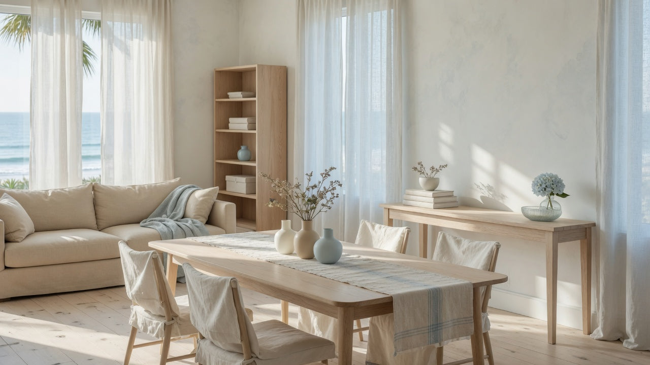 Modern organic living room with light wood furniture, neutral tones, linen textures, and soft natural light creating a calm, refined interior
