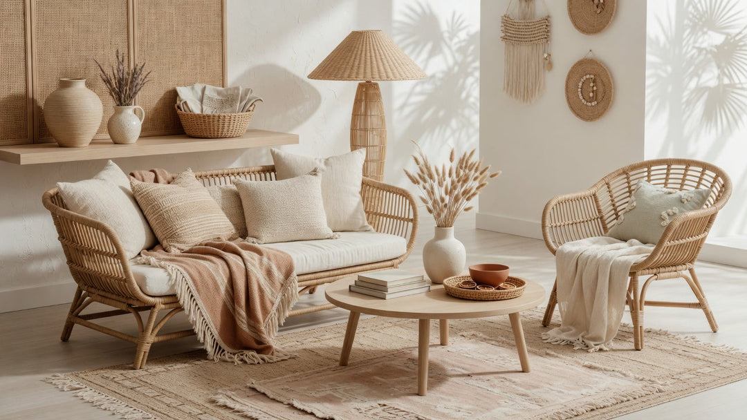 Rattan boho living room with woven furniture, warm neutral tones, layered textiles, and natural textures creating a relaxed and refined interior