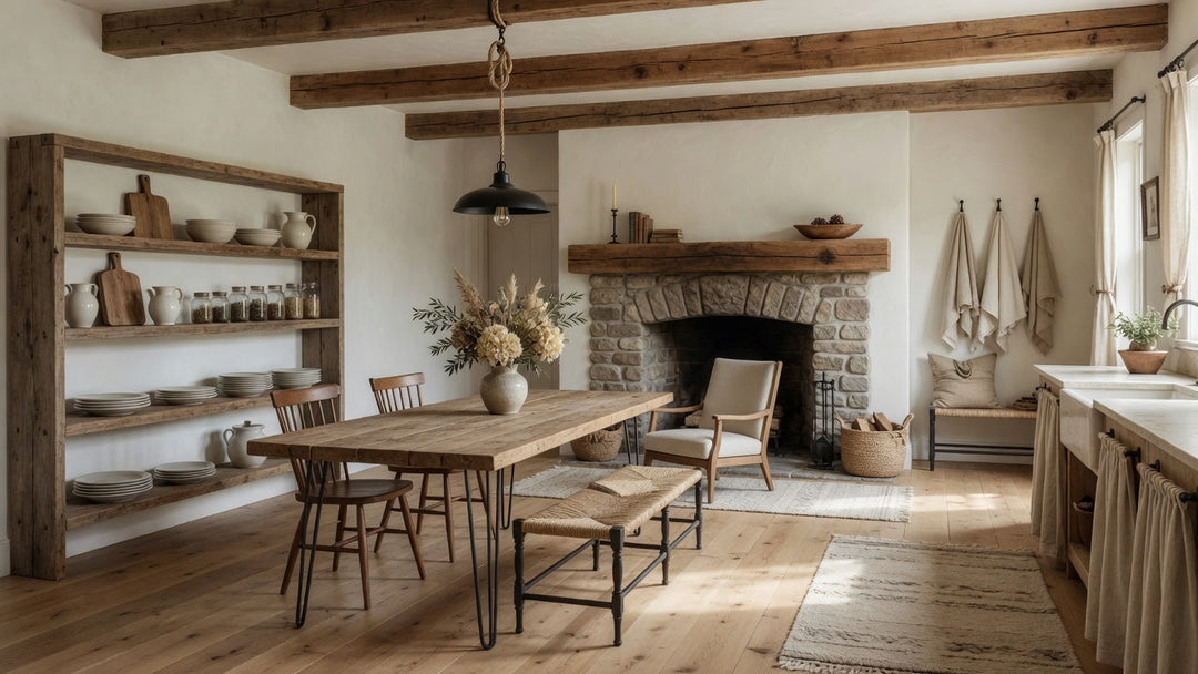 Rustic farmhouse interior with warm wood tones, natural textures, stone fireplace, and soft neutral decor creating a cozy and refined living space