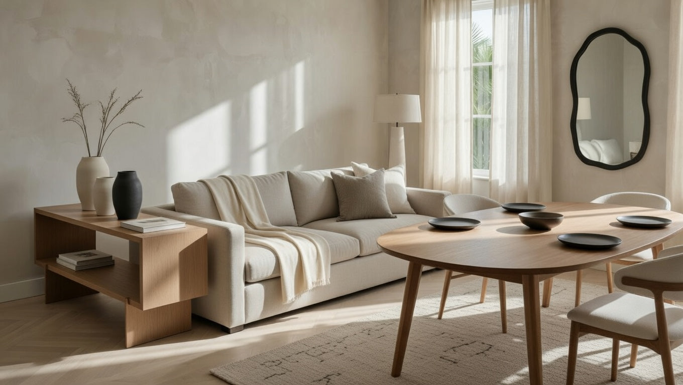 Modern organic and transitional living room with neutral tones, wood furniture, ceramic decor, and soft natural light creating a calm, elevated home interior