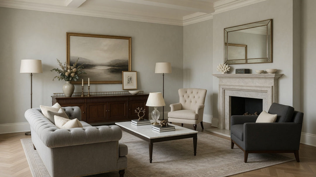 Transitional living room with neutral tones, balanced mix of classic and modern furniture, refined decor, and soft natural light creating a timeless interior