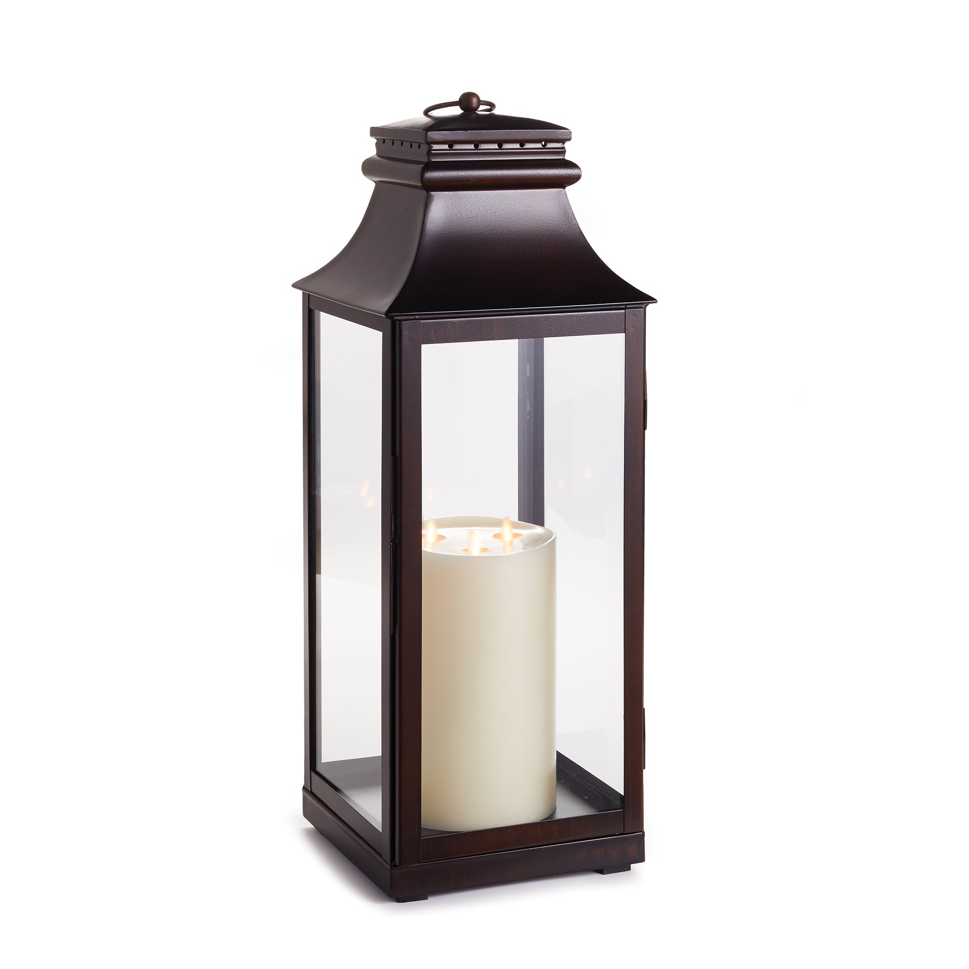 In a warm finish of washed bronze and full-paned glass walls, the Colby is a beautiful design. Extra wide and full-paned sides to hold multiple candles and fully showcase the glow inside.