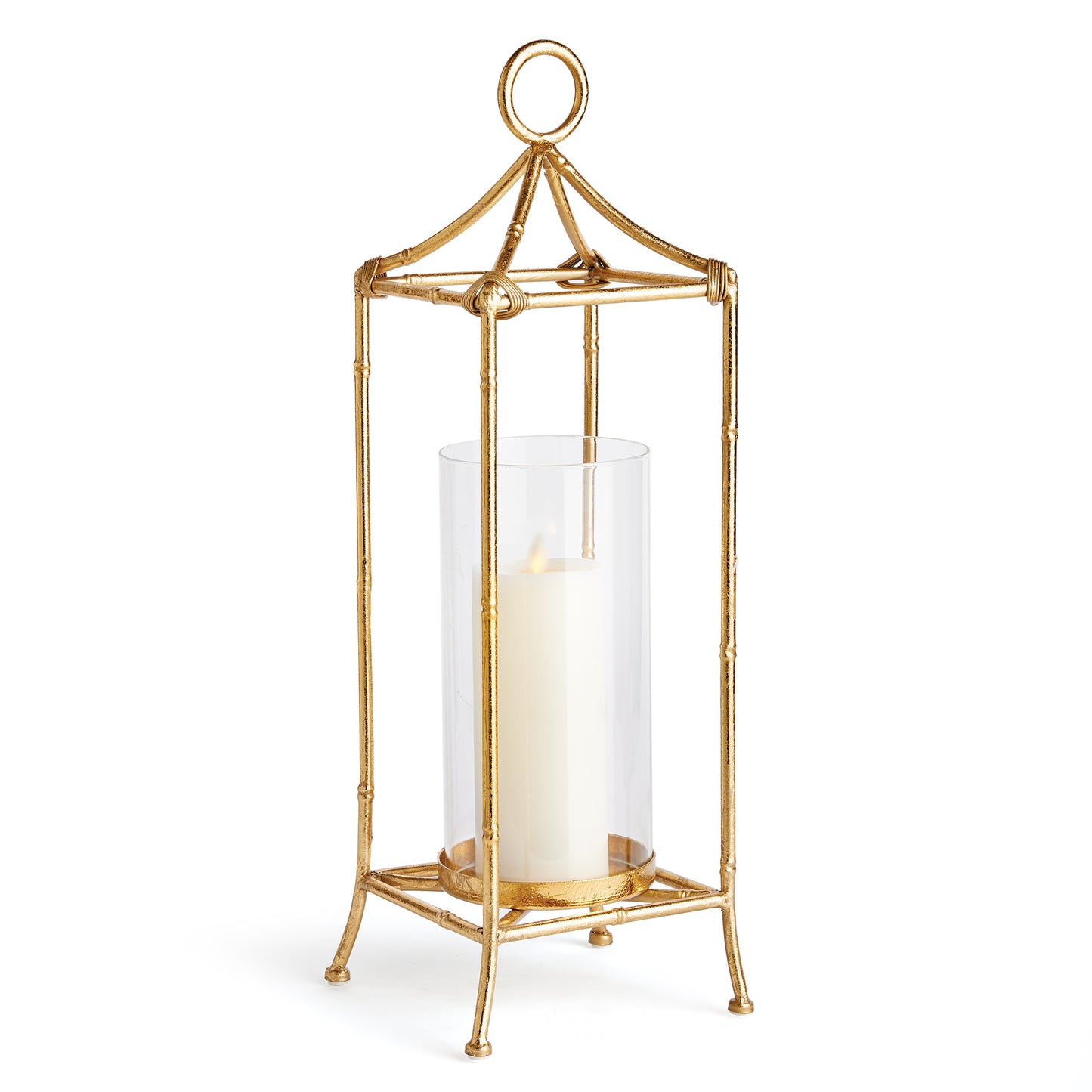 A contemporary take on chinoiserie style, this lantern is smooth and refined, it is scaled to work well in the smaller space. The antique gold finish and sleek glass cylinder add a sense of light and reflection.