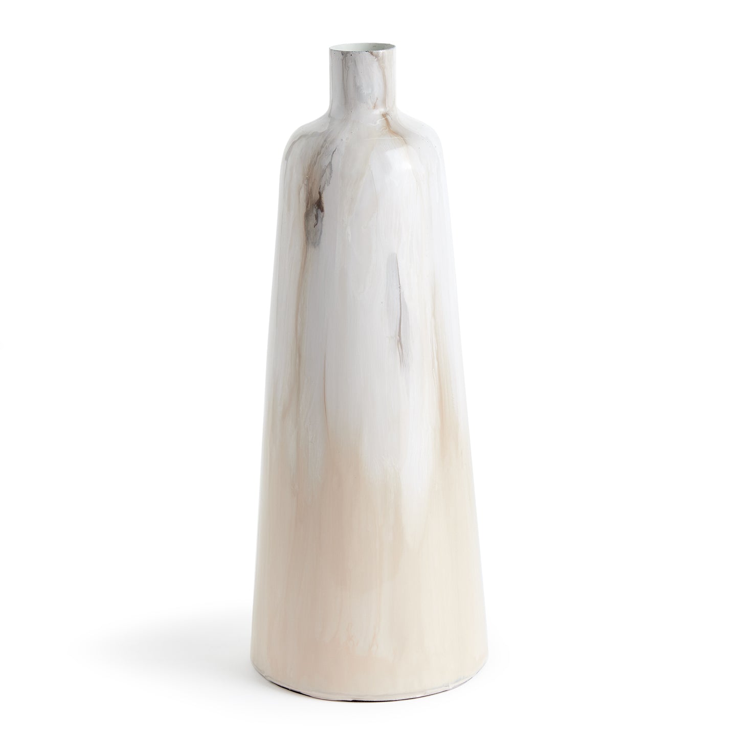 In a clever use of enameled iron, this lightweight decorative vase is painted by hand. With a creamy mocha palette inspired by a latte, with layers of milky froth and coffee tones swirling, it is modern artistry defined.