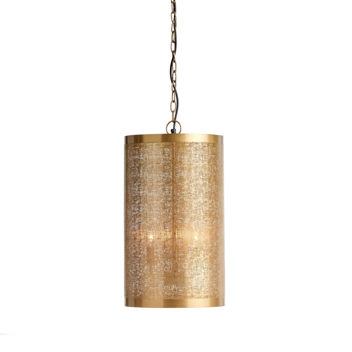 This pendant features an oversized drum and a meticulously crafted mesh design that commands attention. Its intended use is above a kitchen table or in an entry foyer, making a striking impression either way. Offering abundant illumination and modern flair, this pendant is guaranteed to make an impact, whether it's suspended over a table or brightening up an entryway.