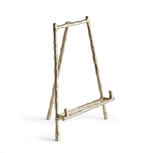 Made to hold platters, cookbooks or a small piece of art, this easel is strong and sturdy. The gold bamboo-like details add a traditional aesthetic.