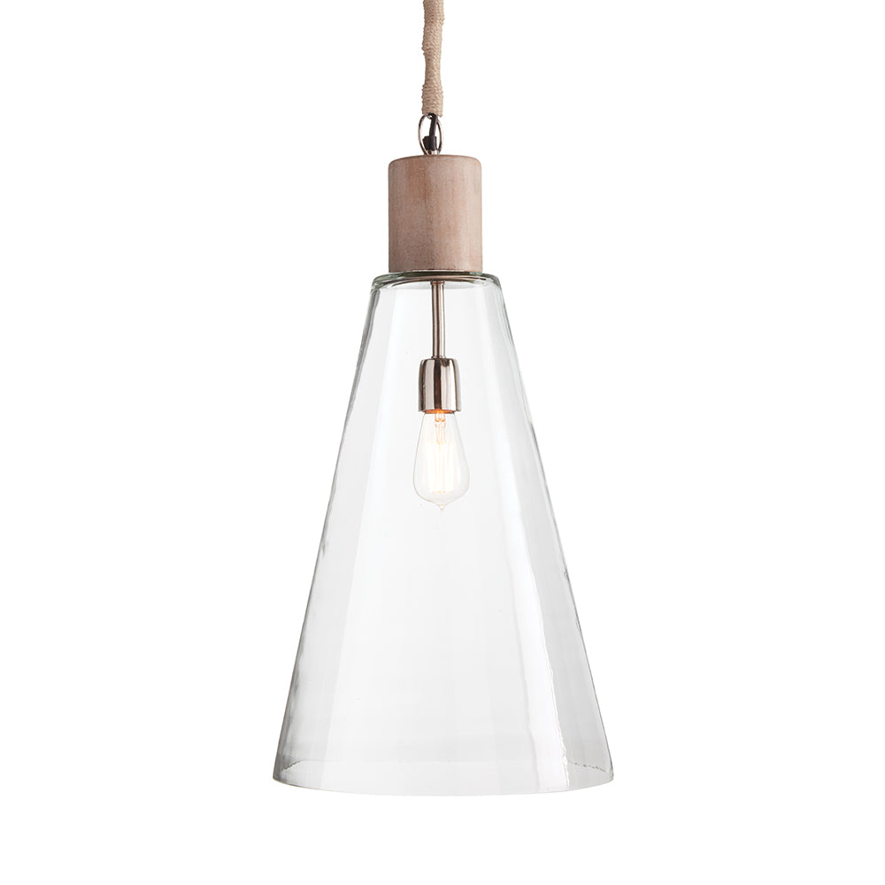 A simple composition in glass and wood, the Anselm pendant is scaled to impress. Over an island, in an entry or foyer, this pendant is simply a beautiful accent.