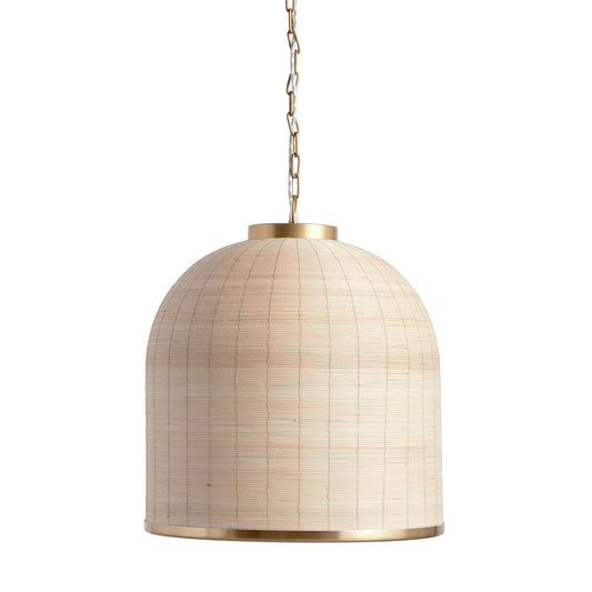 Crafted from natural cane rattan, the Maye Dome Pendant Light boasts a distinctive blend of colors, creating one-of-a-kind pieces. With elegant brass accents at the top and bottom, this pendant adds a refined touch to any space. Its impressive size makes it a statement piece for kitchen islands, entryways, or hallways, elevating the overall look of your room.