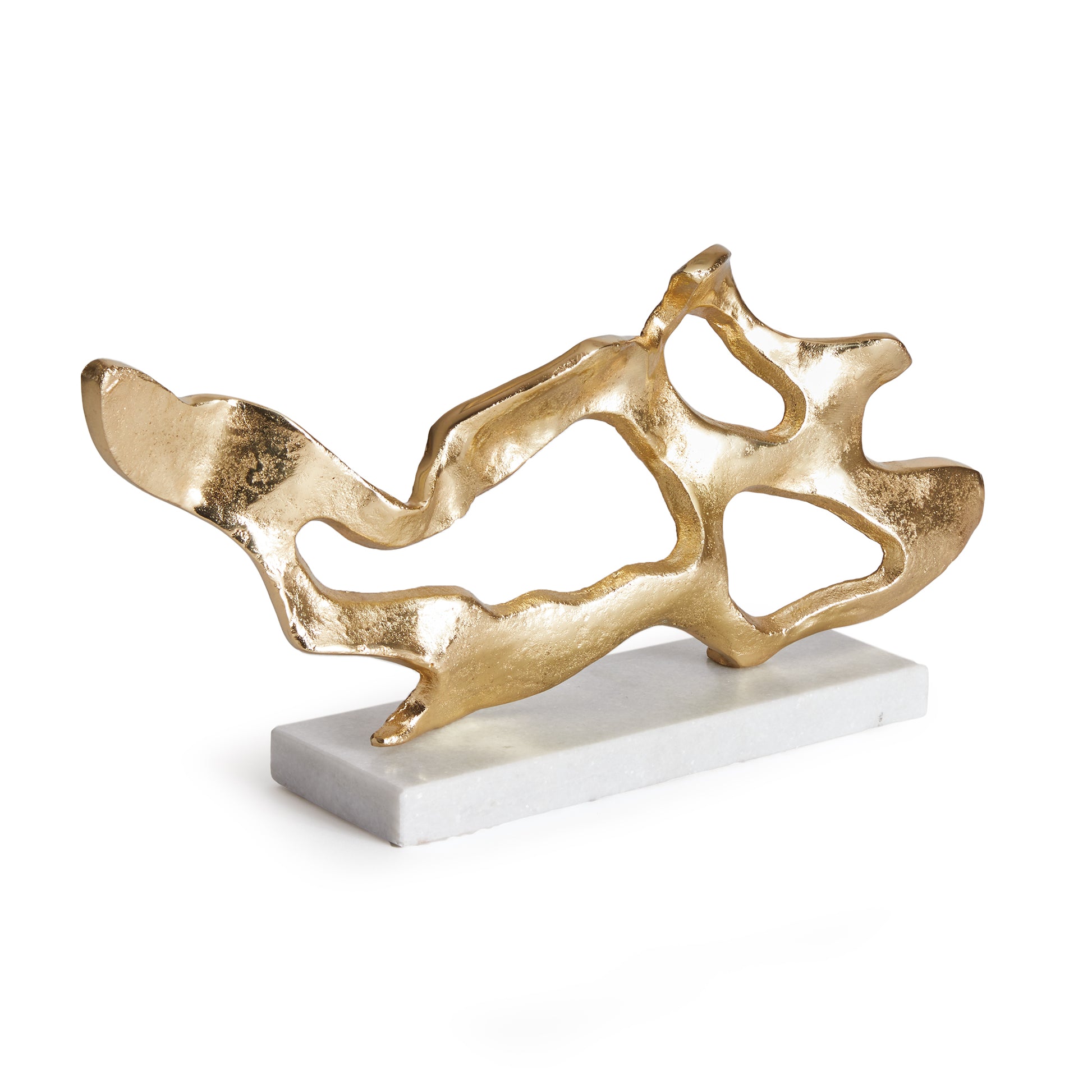 Enhance your coastal design with this striking abstract sculpture inspired by driftwood. Resting on a sleek white marble base, creating an elevated and luxurious atmosphere. This one-of-a-kind sculpture adds a sophisticated touch to any living space, expertly crafted with a unique driftwood-inspired design. Perfect for displaying on a shelf or table, it adds an upscale and polished touch to your coastal decor.