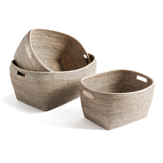 These natural gray wash family baskets are a fresh take on traditional rattan. 100% handmade and woven into tight, uniform bands for long-lasting quality.