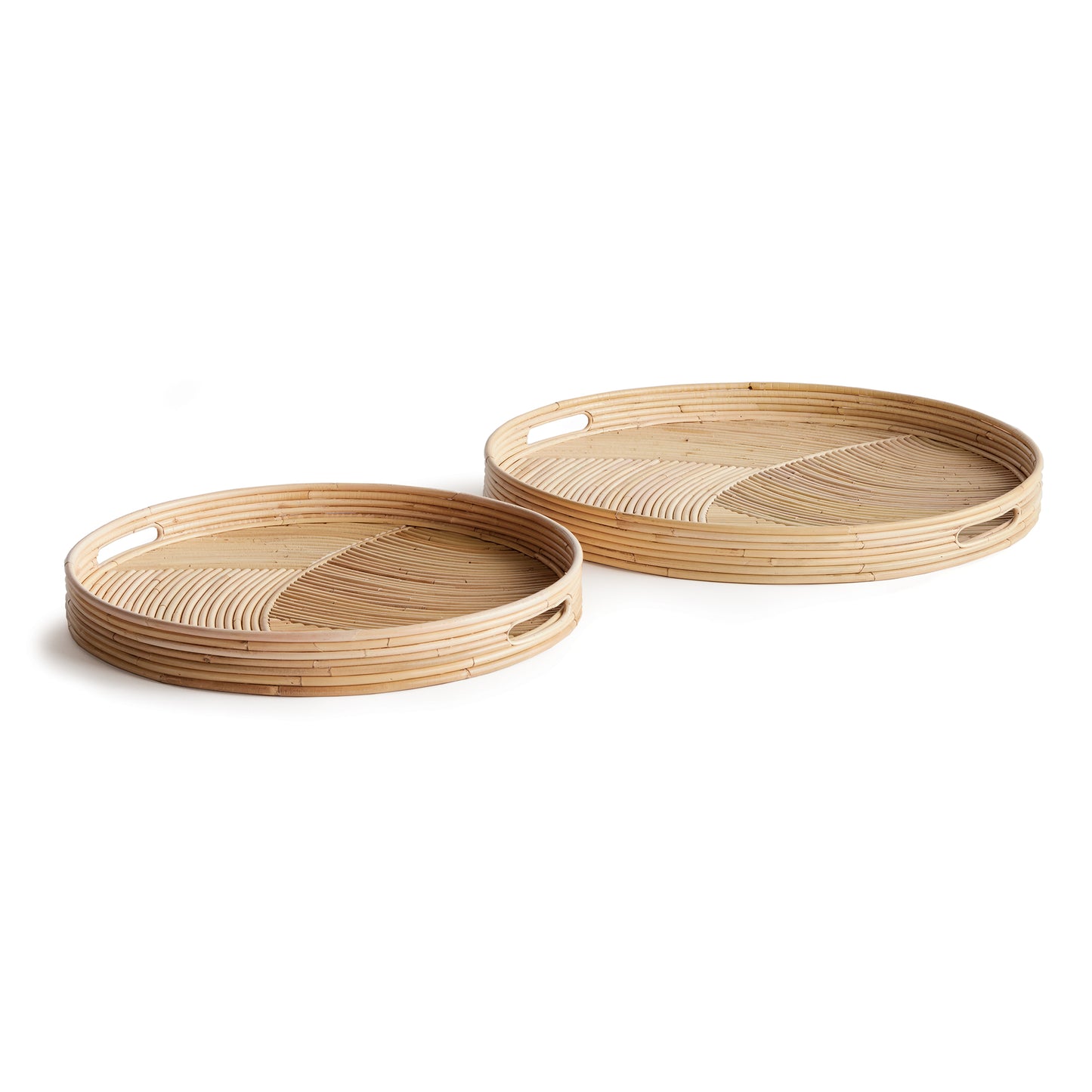 This exquisite set of Jelani cane trays are truly high end. Cane rattan is bent by hand and inlaid by highly skilled artisans, While they make nice serving trays, their craftsmanship also makes them perfect for unexpected wall displays.