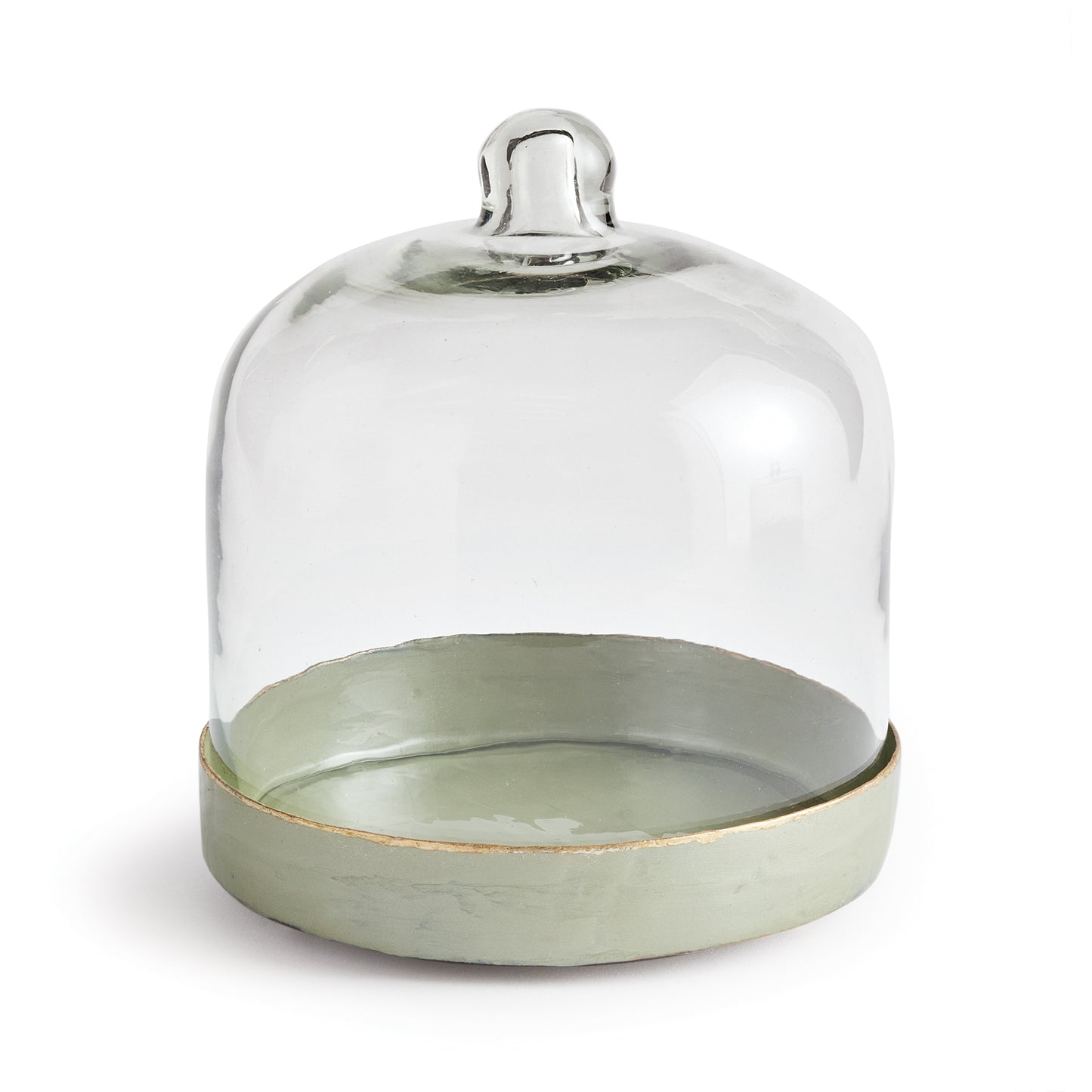 This charming tray and cloche set is made for the modern homemaker. The iron tray is finished in a muted green enamel with gold foil edging. Topped with a glass cloche just to keep things fresh. 