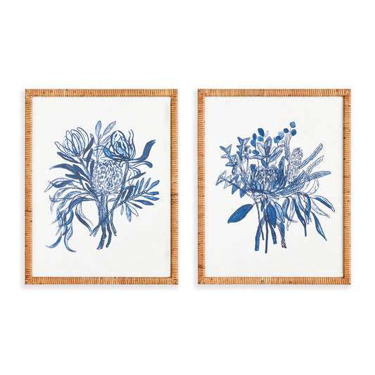 These large-scale monochromatic floral prints are perfect for any room, whether it is your bedroom, study, or guest bath. Plus, the charming touch of the intricate rattan frames makes them truly impressive. Elevate your decor with this whimsical set of two bouquets, finished off with rattan-wrapped frames.