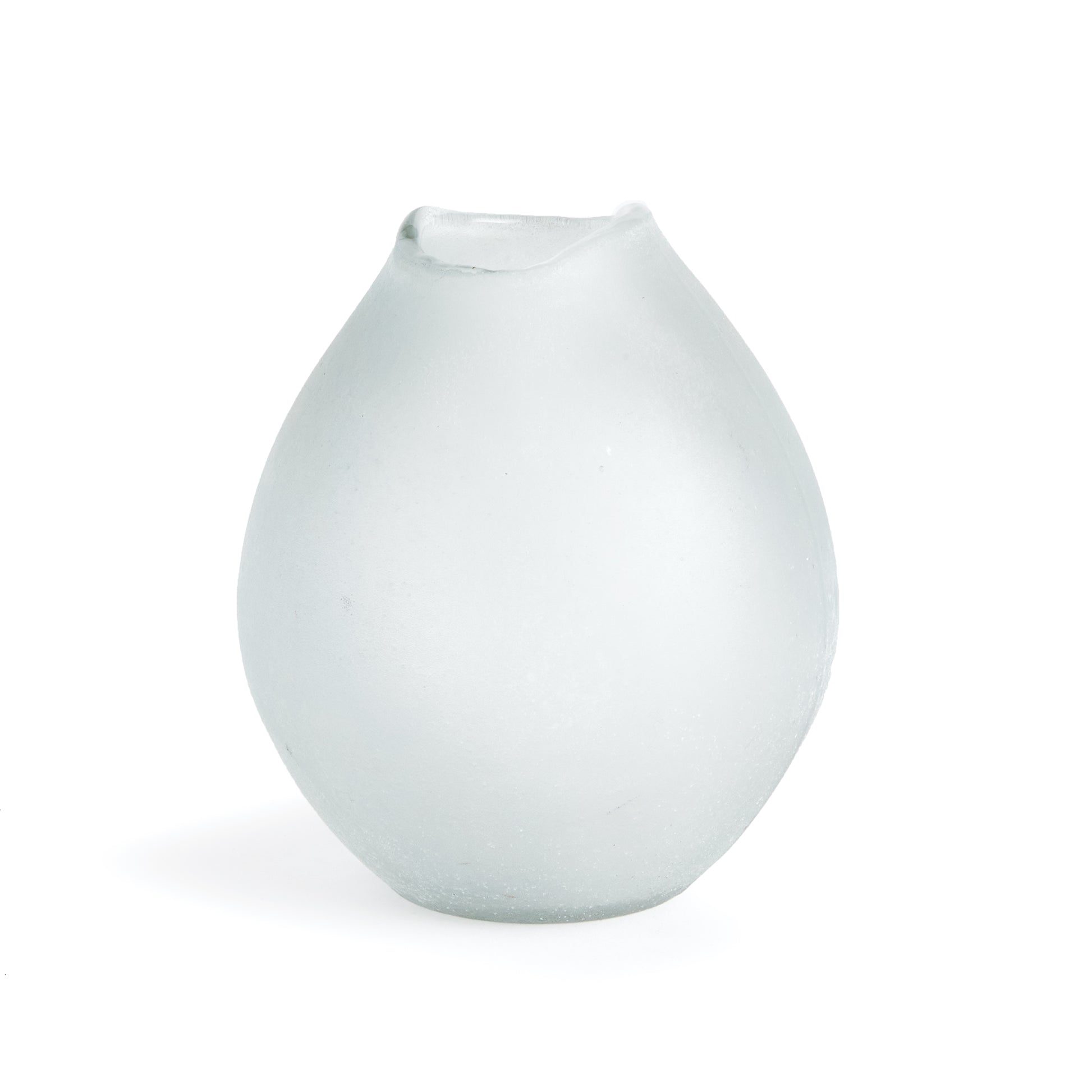 Nature-inspired, this hand blown glass vase has a bulbous shape and melted edge rim detail. The frosted glass only adds to it's appeal. A beautiful addition to bookshelf, mantel or side table.