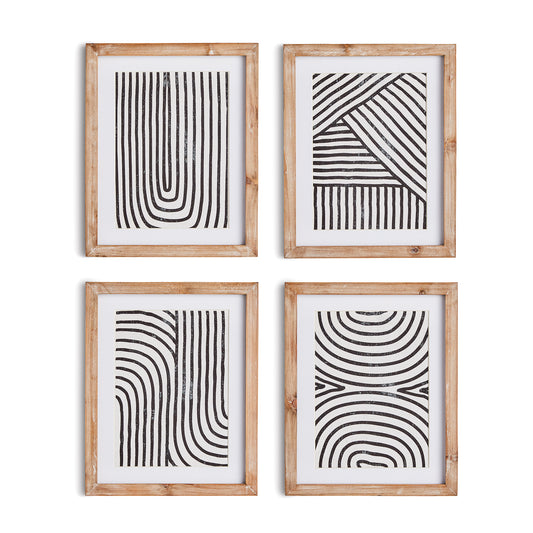 In a monochromatic pattern play, these simple graphic prints are made in the way of wood block prints. With a variation in ink saturation, they are full of rich texture & pattern, then reproduced and framed out with a simple neutral wood frame. A handsome set for office or study.