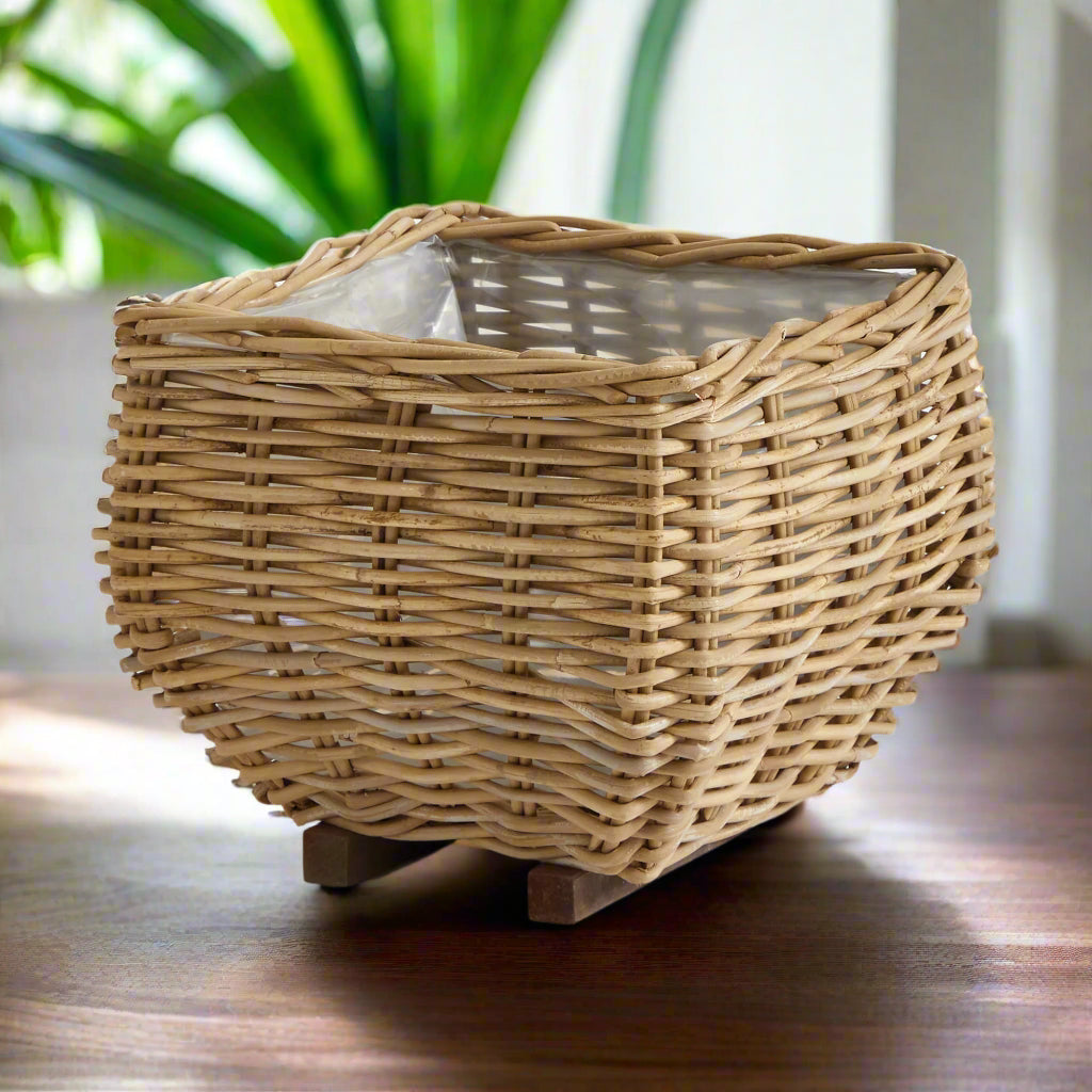 Small Whitewashed Rattan Square Taper Basket Planter with Liner