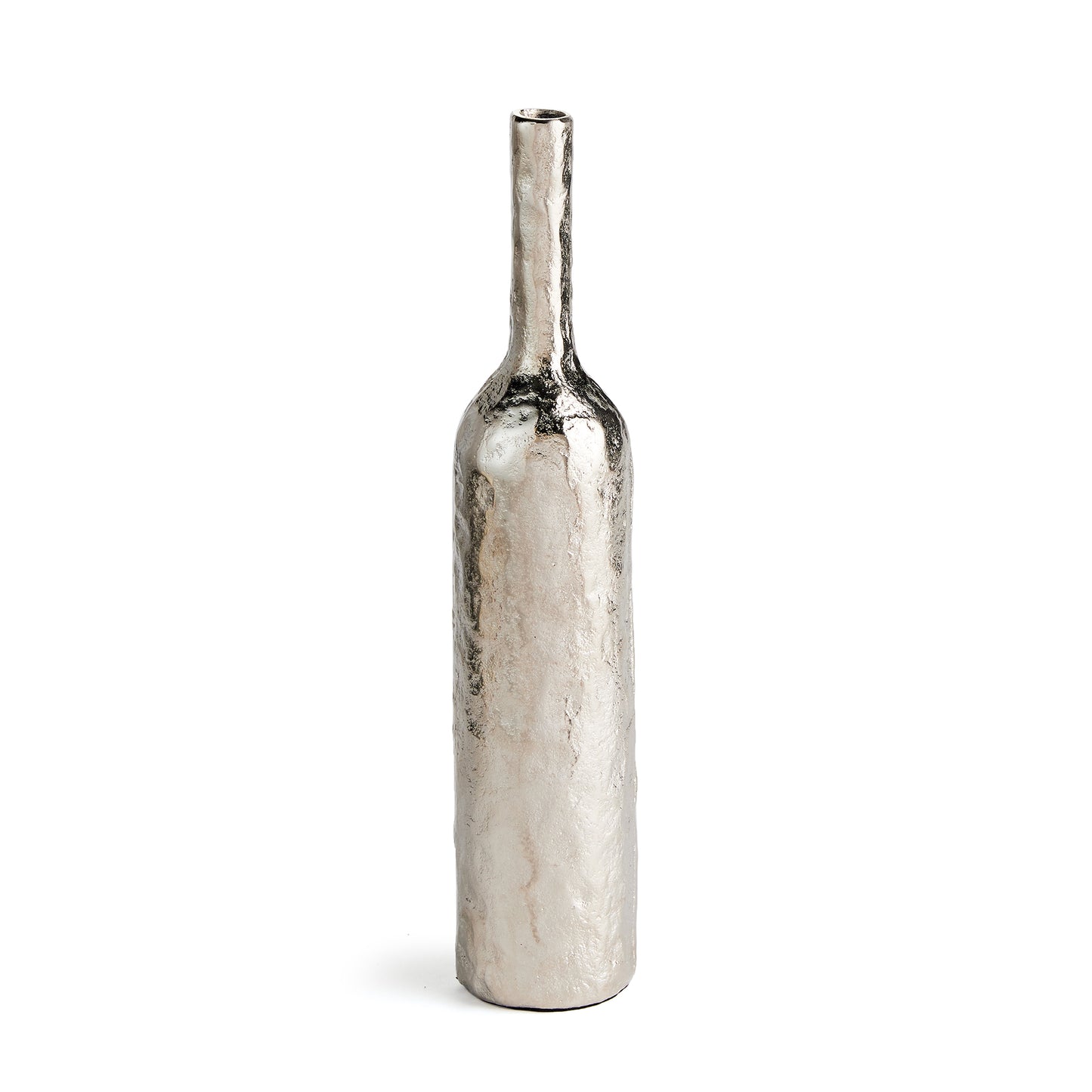 A tall and slender bottle form and rich texture make this aluminum vase an unconventional accent. Drop in a faux stem, or display as is for a fresh, modern look. A perfect choice for bookshelf, console or kitchen counter.