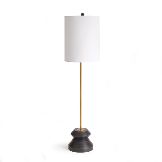 With a tall, narrow profile and geometric turned wood black wash Base, this lamp is perfect to flank both sides of a long console or entry table. Simple and streamlined, a pretty way to light the room.