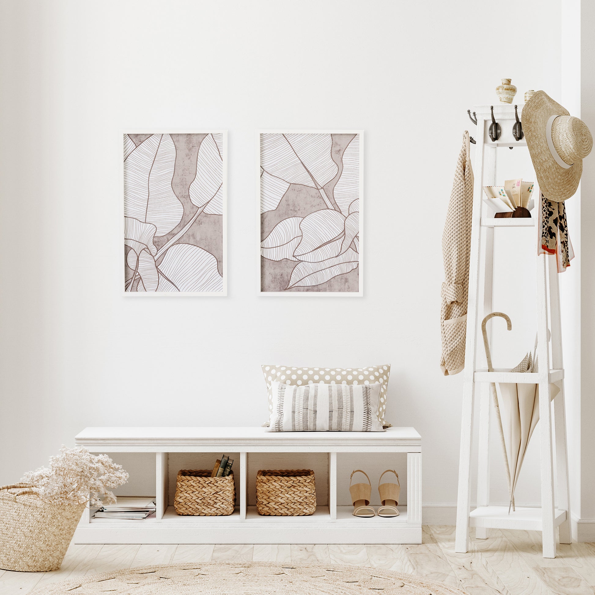 Experience a tropical oasis at home with these unique and sophisticated coastal pieces. The soothing taupe palette adds a touch of relaxation, while the simple white frames seamlessly blend into any home decor. Perfectly sized for your entry or living room, indulge in an updated coastal look with these Palm Leaf Wall Prints, Set of 2.