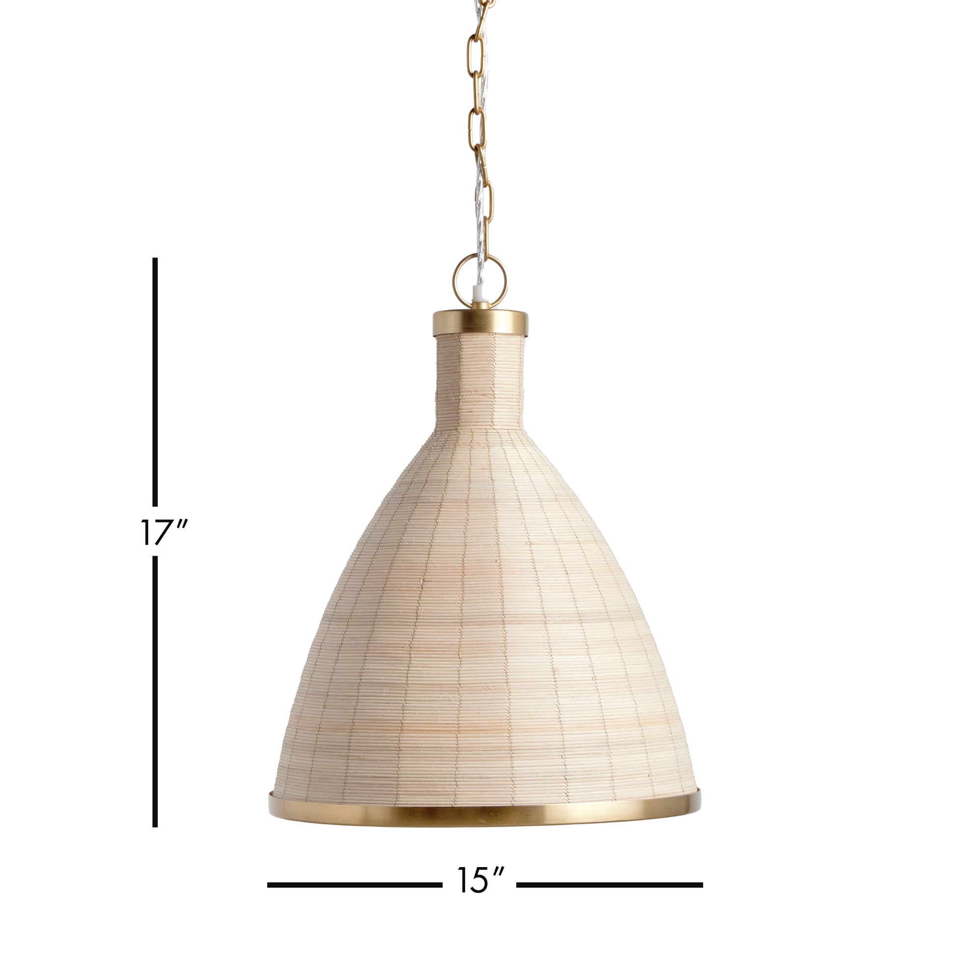 Experience the timeless style of the Maye Petite Bell Pendant Light in white, featuring a natural cane rattan weave with unique variations in color. The brass details on the top and bottom rim add a refined touch to this classic piece. Whether hung in a kitchen, entryway, or hallway, this pendant light will elevate any space with its sophisticated charm.