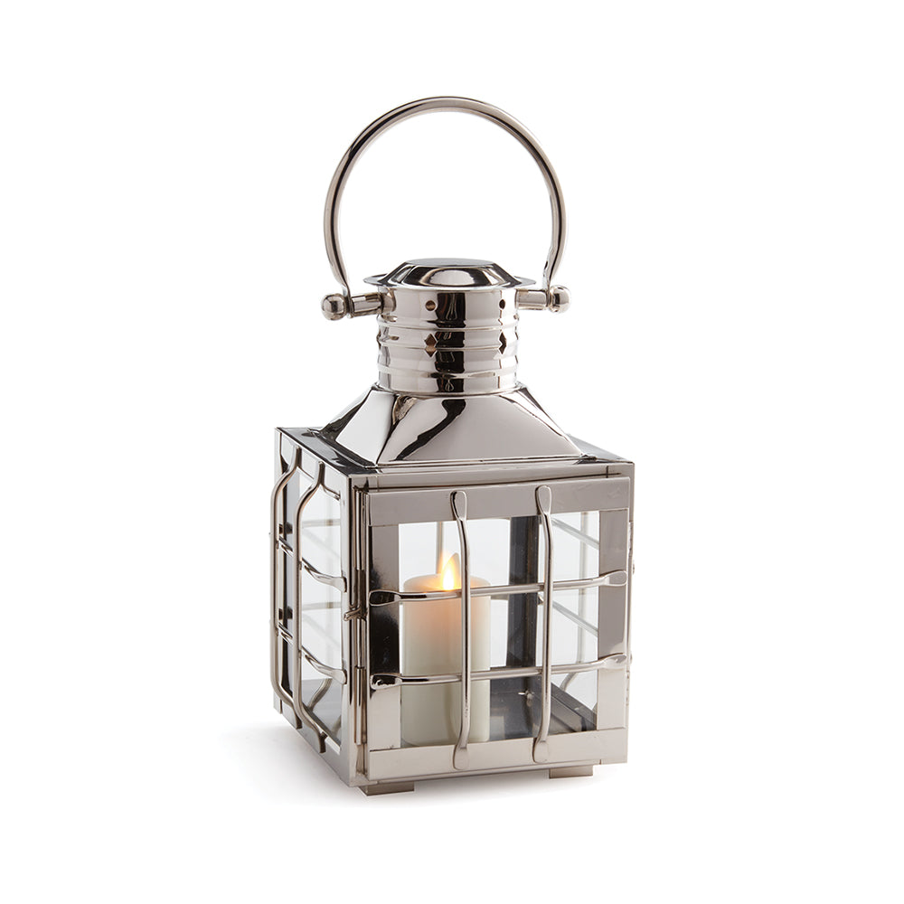 In classic maritime shapes, this outdoor lantern adds an upscale touch indoors or out. Smaller is size, it's perfect for side table or coffee table.