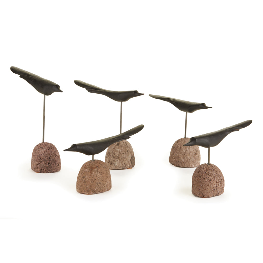 Handcrafted rustic artwork with modern black birds.