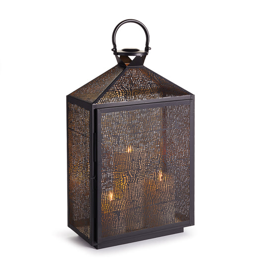 With an intricate mesh pattern, the Amhurst gently diffuses the candlelight. The interior is a golden brass, enhancing the warm glow. Simply stunning.