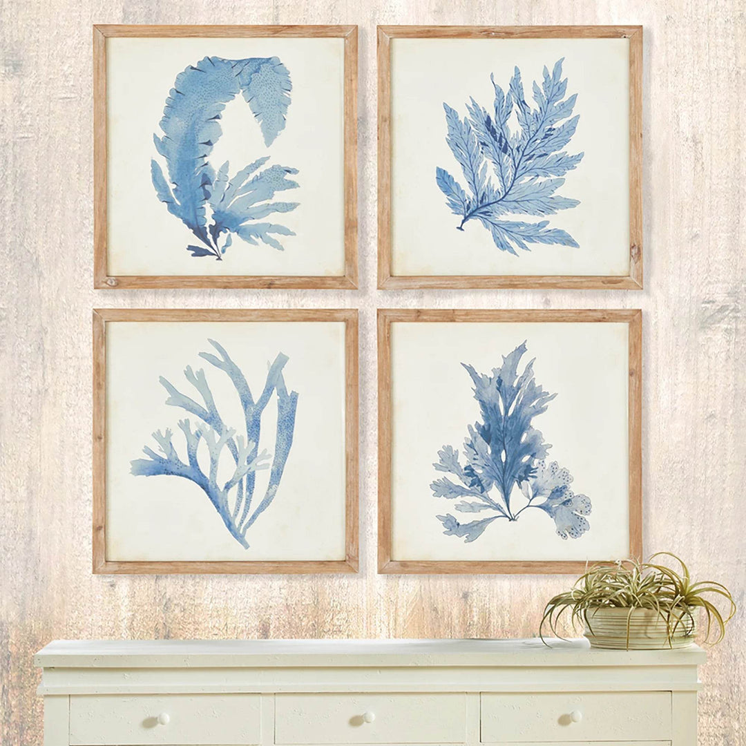 These coral prints offer a unique blend of elegance and scale, perfect for a coastal, upscale aesthetic. The soft, watercolor design and whitewashed frames suit both home and office settings. Experience sophistication and coastal charm in your space with these exquisite coral prints. The delicate watercolor design and natural wood frames elevate any room, making them versatile additions to any home or office.