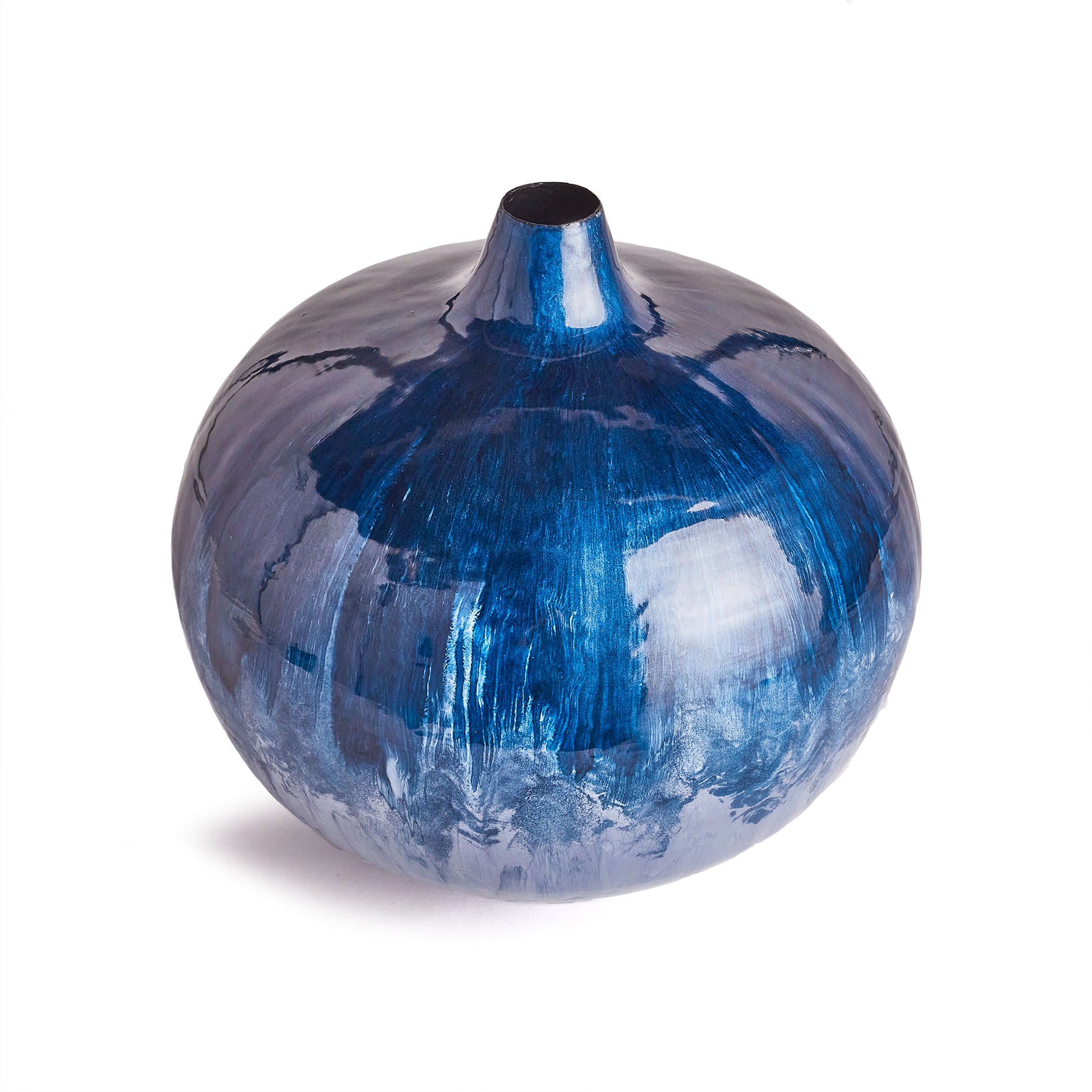 Crafted from lightweight enameled iron and hand-painted in a stunning ombre design inspired by nature, this Blue Round Vase Petite is the epitome of effortless elegance. The durable iron material gives it both strength and lightweight properties, while the organic blue tones add a touch of natural beauty. A perfect representation of understated sophistication.