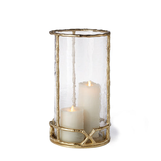 Add sophistication and refinement to your space with the Gold Hurricane Candle Holder 16". This elegant piece features a timeless structure and seeded glass insert, making it the perfect addition to any room. For added versatility, it is also available in a 10.5" size option.