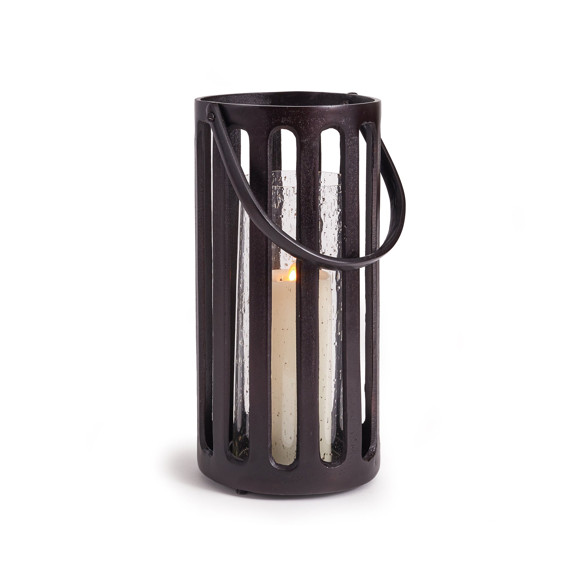 This cast aluminum hurricane has a great presence. Strong and sturdy, it makes a solid accent. The seeded glass insert, it diffuses the candlelight and brightens up your space.