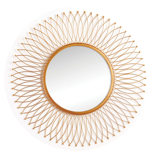 With a light and airy interlocking pattern, this mirror adds a reflective glow in grand scale. In a warm golden finish, it is a refined look.