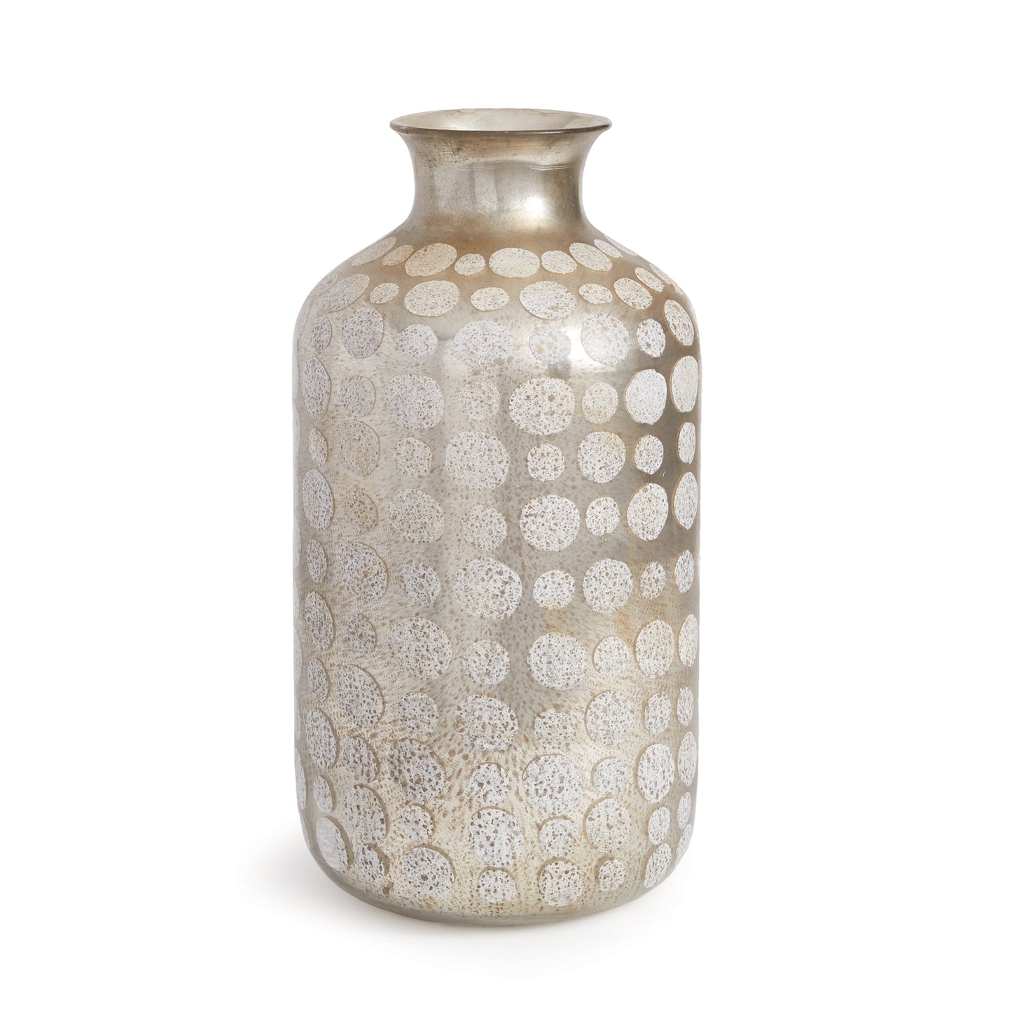 With an antiqued mirror finish, this dotted vase is beautiful in all its complexity. Generously scaled, it would work well in an entry way or an open concept living space.