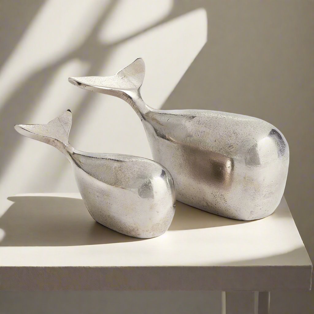 Silver Whale Sculptures, Set Of 2