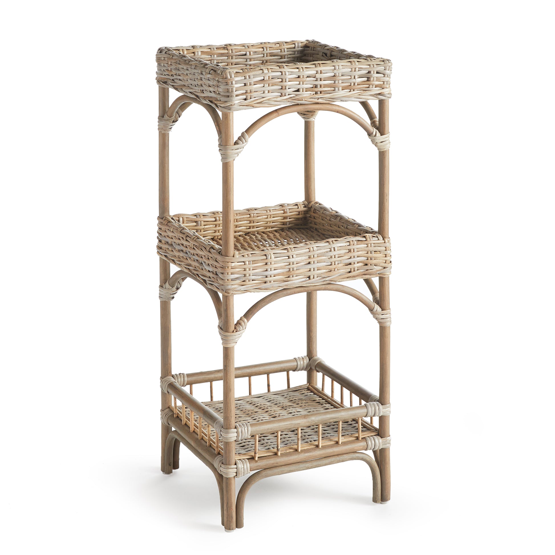 Made of a light, kubu rattan, the Isla Etagere has a casual, comfortable vibe. The woven tray shelves have a raised rim to safely keep towels, bath accessories or whatever you choose to style it with. A stylish accent for powder room, guest room or kitchen.