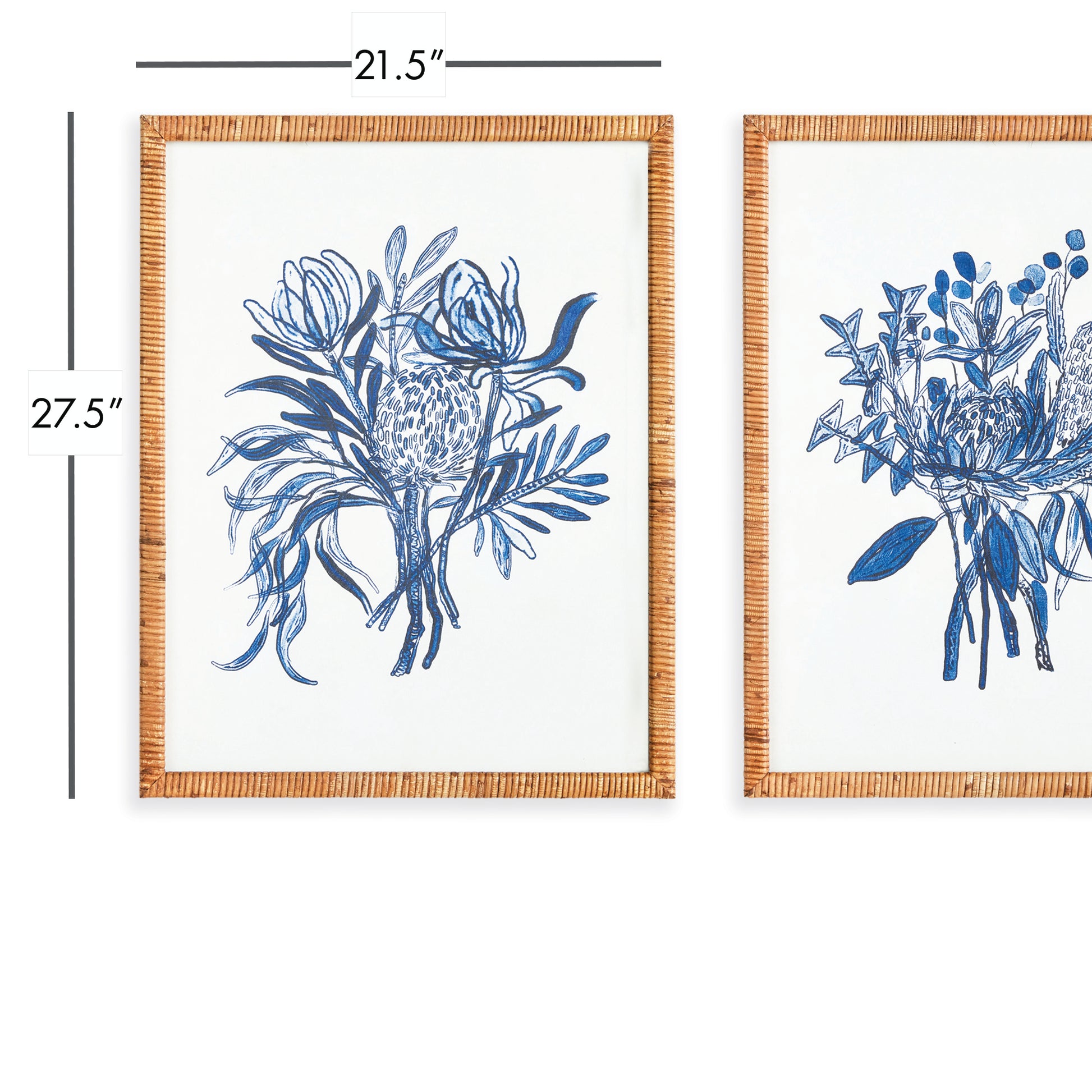 These large-scale monochromatic floral prints are perfect for any room, whether it is your bedroom, study, or guest bath. Plus, the charming touch of the intricate rattan frames makes them truly impressive. Elevate your decor with this whimsical set of two bouquets, finished off with rattan-wrapped frames.