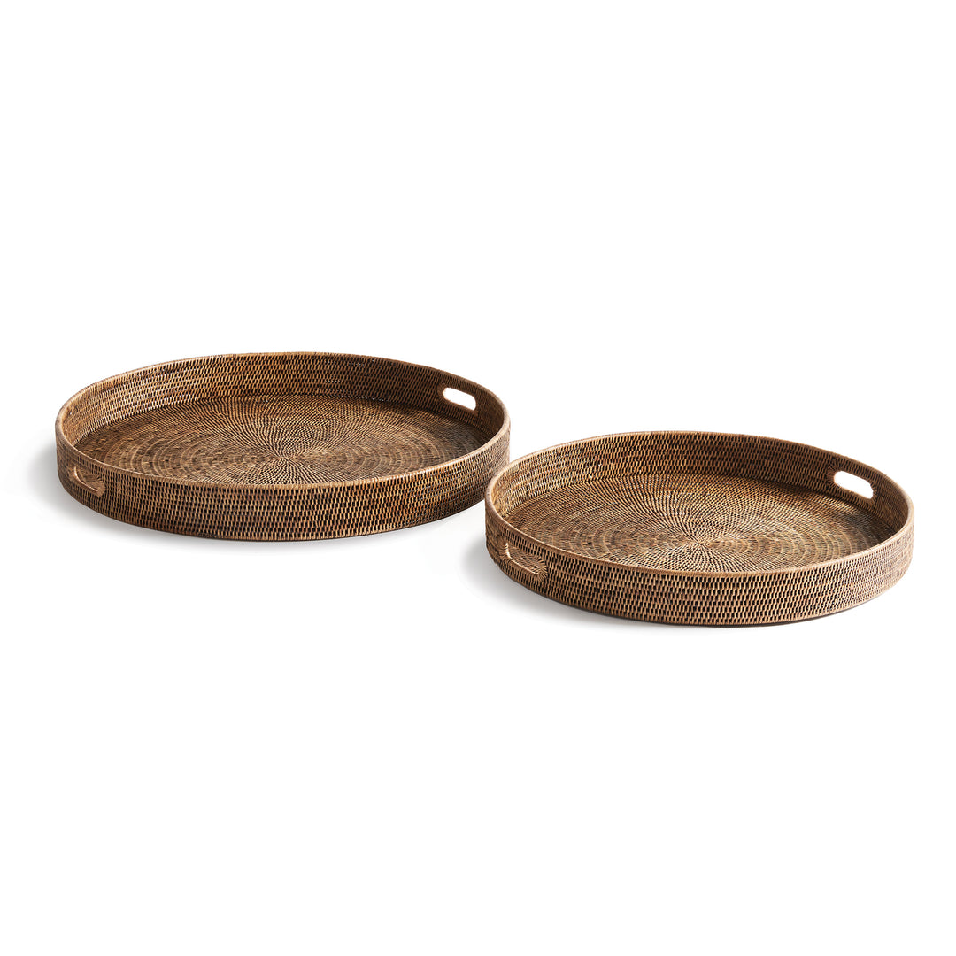 Brown Rattan Round Ottoman Trays Large, Set Of 2