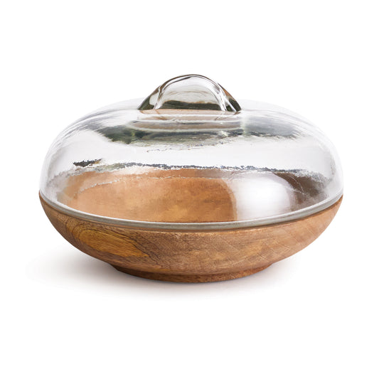 With a classic shape and simple handle, this cloche houses cheese, pastries or rolls. Sitting atop a natural wood board, it makes for easy entertaining.