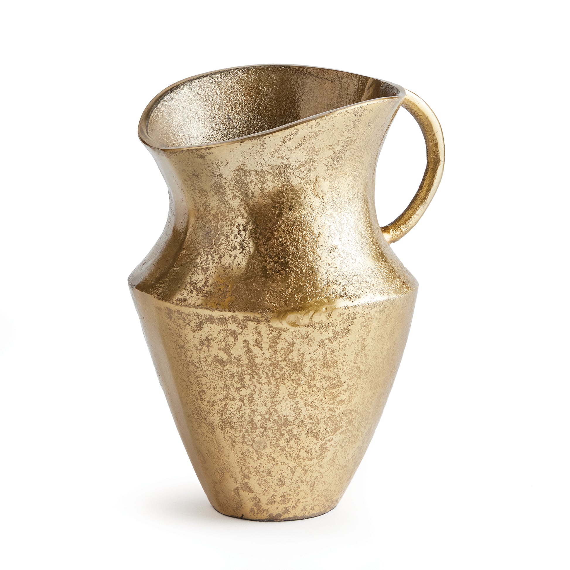 Asymmetrical in form and made of cast aluminum, this decorative pitcher fits nicely in the transitional space. Finished in a warm gold with a rich texture, it is a stunning vessel for faux stems or simply display as is for a cleaner look.