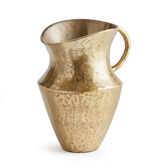 Asymmetrical in form and made of cast aluminum, this decorative pitcher fits nicely in the transitional space. Finished in a warm gold with a rich texture, it is a stunning vessel for faux stems or simply display as is for a cleaner look.