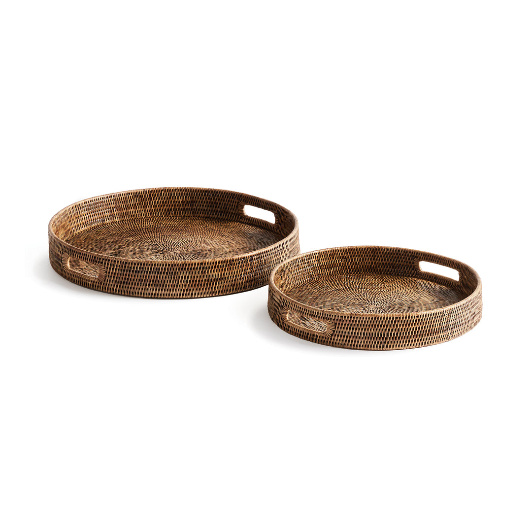 Brown Rattan Round Ottoman Trays Small, Set Of 2