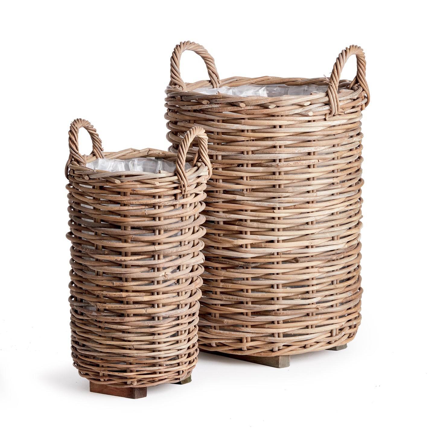 Made of a thick, woven rattan this set of two tall baskets are made to last. Furnished with a plastic liner to protect, and teak feet adding stability and elevating from the floor keeping them dry. Just as smart as they are beautiful.