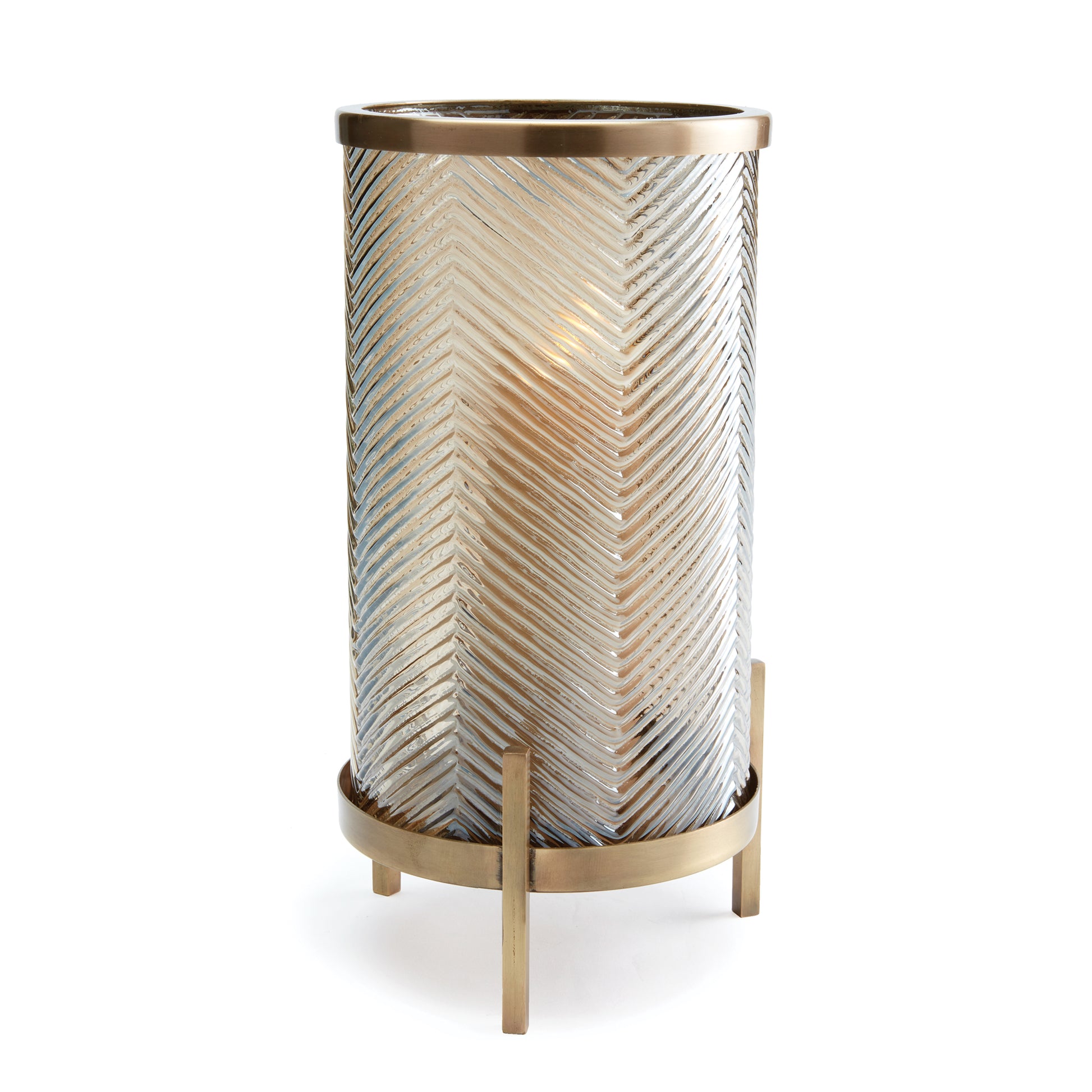 Our Jerome Hurricane pairs a linear glass pattern with polished brass. A contemporary look. Designed with glass vases, not hurricanes so as to hold fresh florals as well as candles.