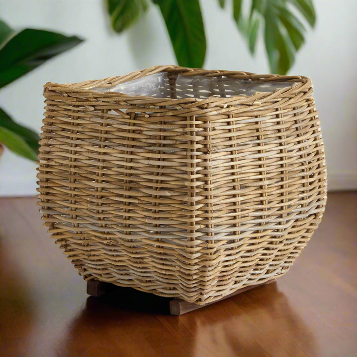 Large Whitewashed Rattan Square Taper Basket Planter with Liner